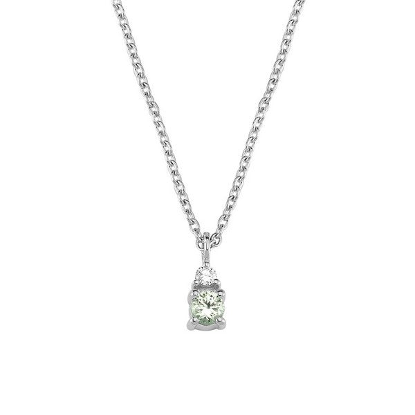 Petit vedhæng i 14 kt hvidguld med rund grøn safir og mindre diamant fra Nuran inklusive kæde.